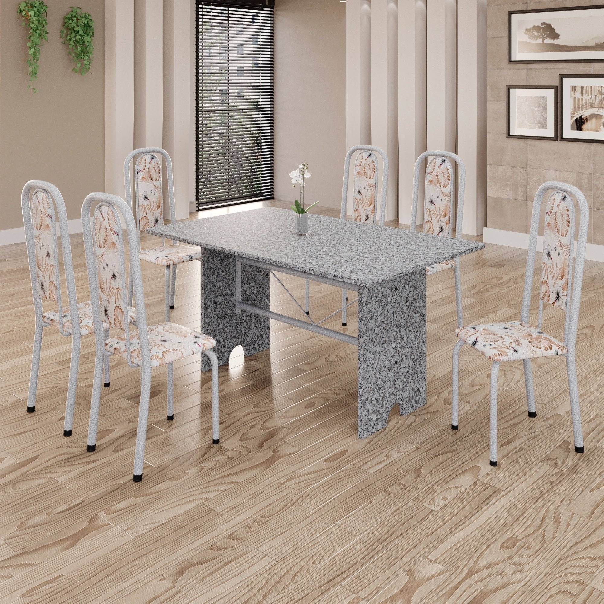 Conjunto de Mesa Letícia 070 com 6 Cadeiras | Tampo Granito Ocre 140x75cm | Mart Pérola