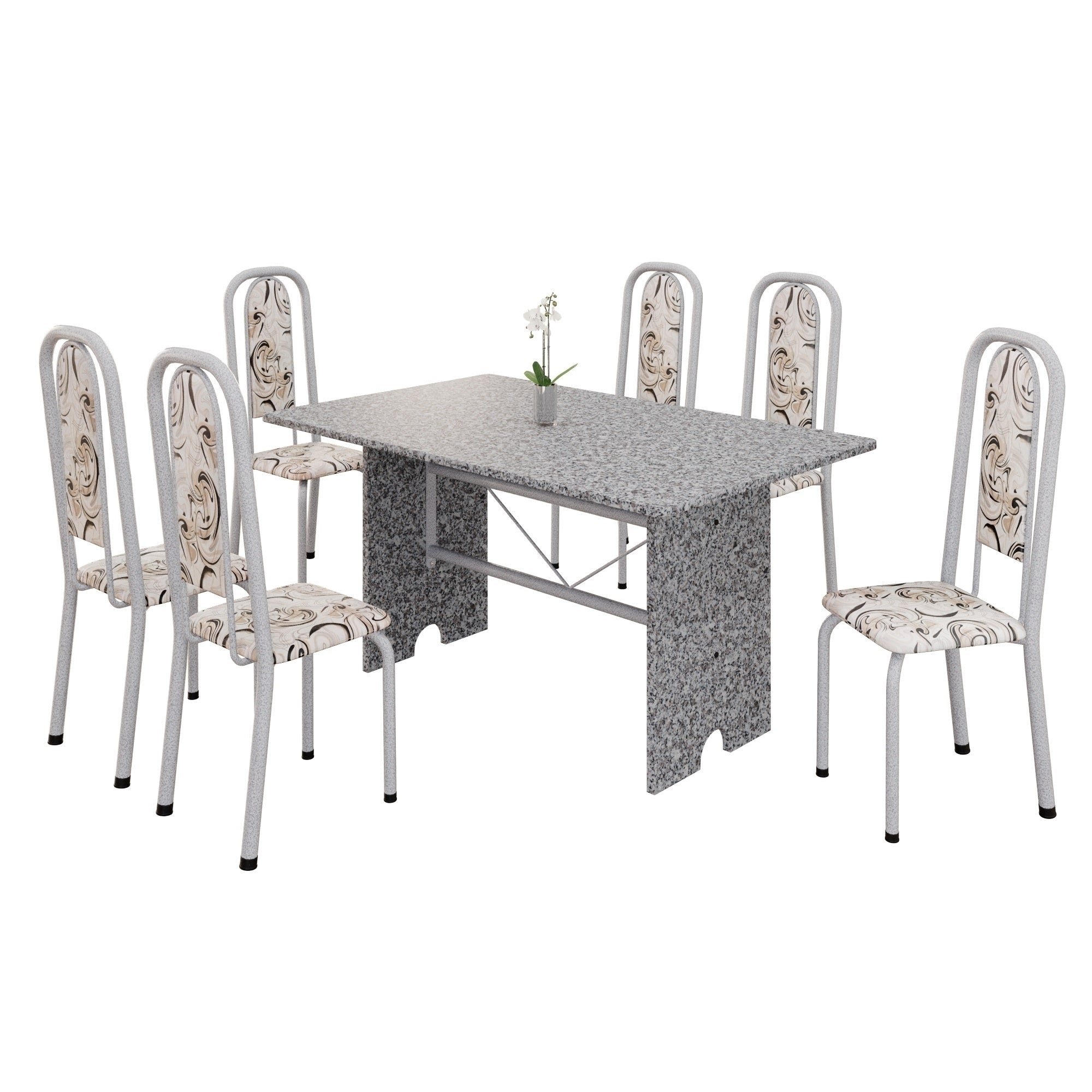 Conjunto de Mesa Letícia 070 com 6 Cadeiras | Tampo Granito Ocre 140x75cm | Mart Pérola