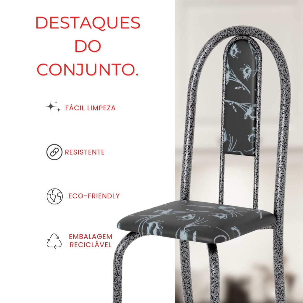 Conjunto de Mesa Tubular Mart Prata 4 Cadeiras 70x70cm – Tampo Granito Topázio | Isabel 030