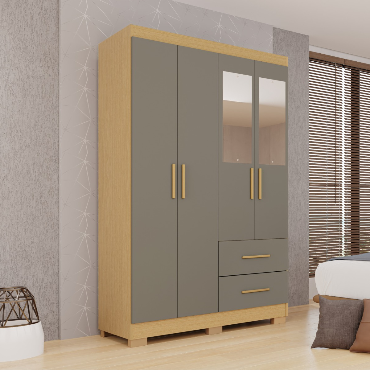 Guarda-Roupa Catar Premium 4 Portas 2 Gavetas com Espelho