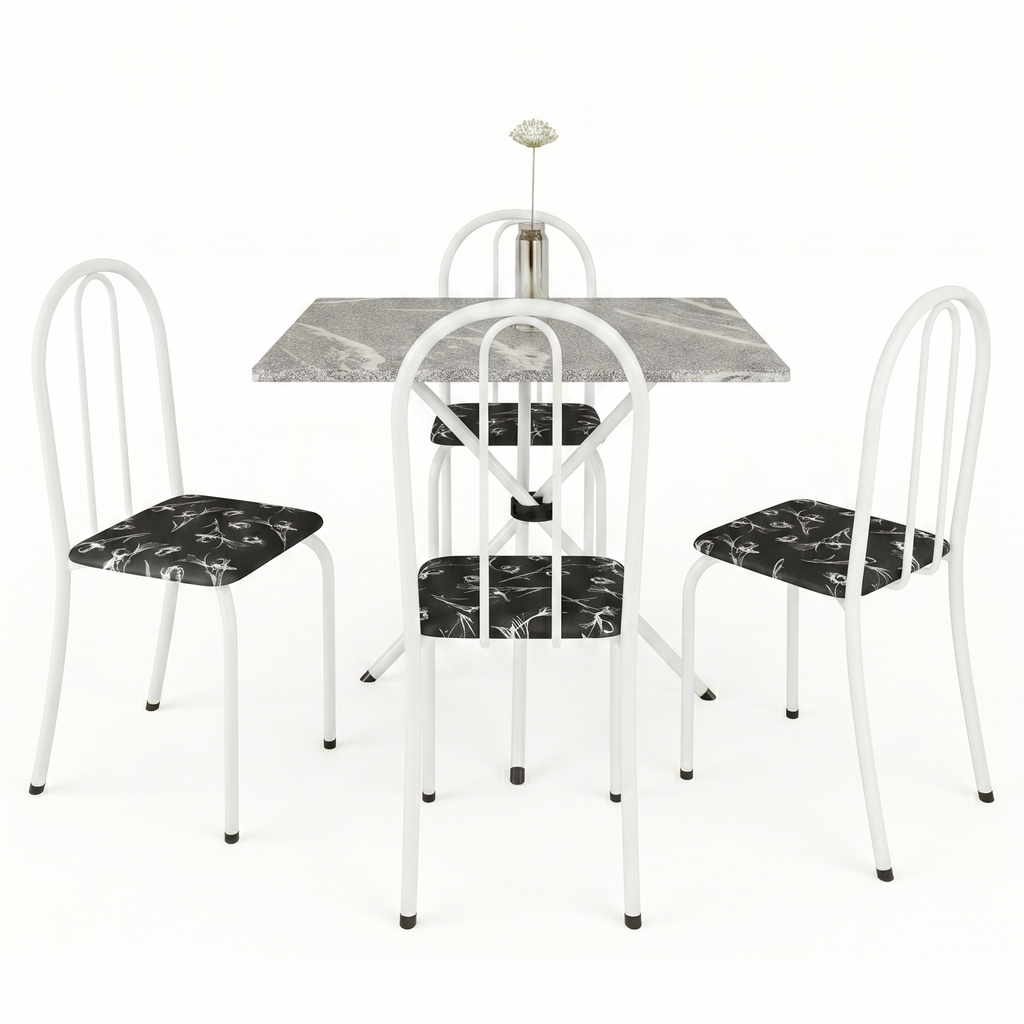 Conjunto de Mesa Analy com 4 Cadeiras | Tampo Granito Topázio 70x70cm | Tubo Branco