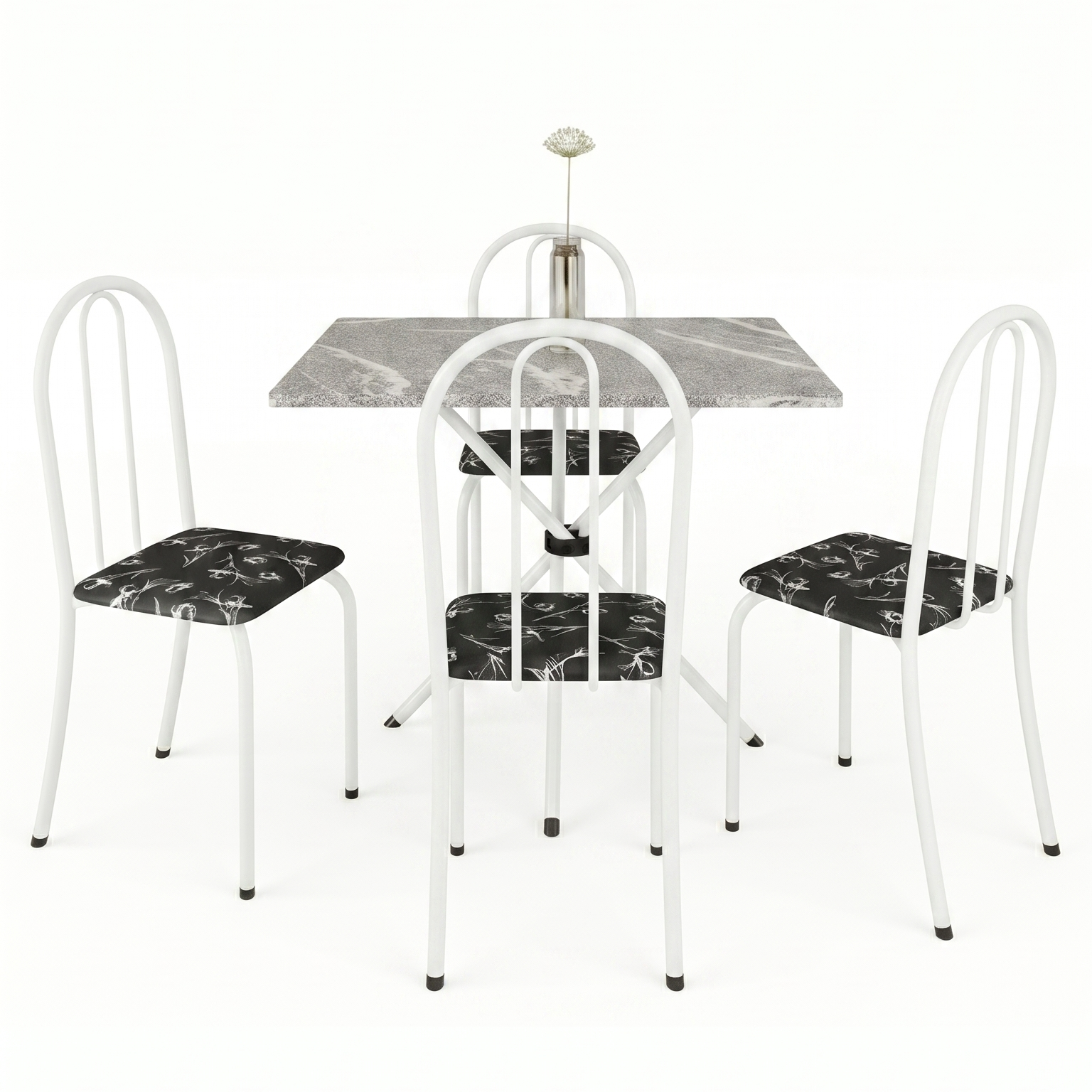 Conjunto de Mesa Analy com 4 Cadeiras | Tampo Granito Topázio 70x70cm | Tubo Branco