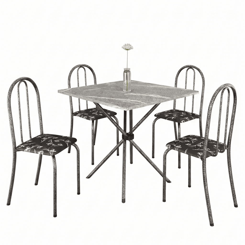 Conjunto de Mesa Analy com 4 Cadeiras | Tampo Granito Topázio 70x70cm | Tubo Prata