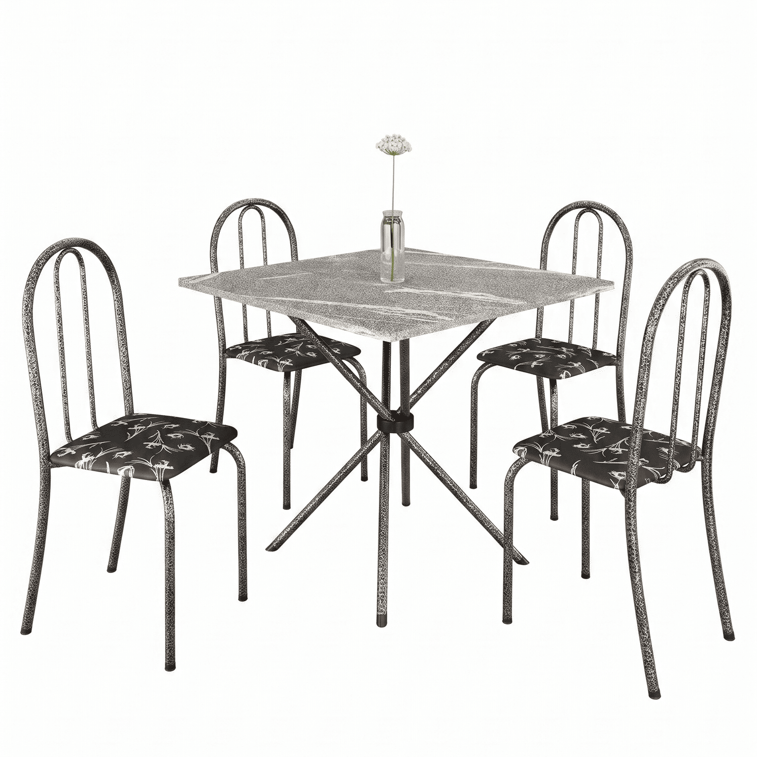 Conjunto de Mesa Analy com 4 Cadeiras | Tampo Granito Topázio 70x70cm | Tubo Prata