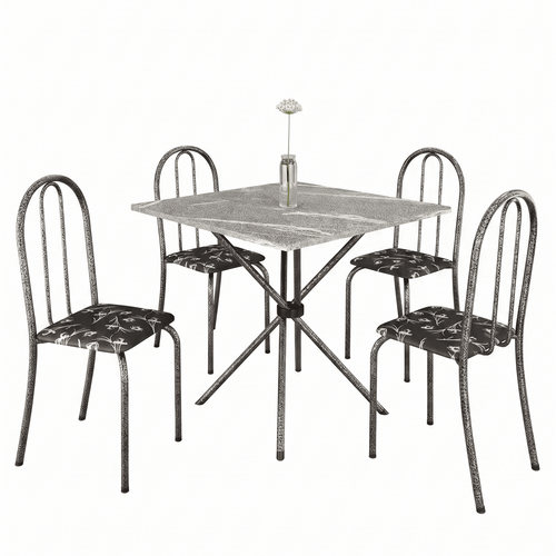 Conjunto de Mesa Analy com 4 Cadeiras | Tampo Granito Topázio 70x70cm | Tubo Prata