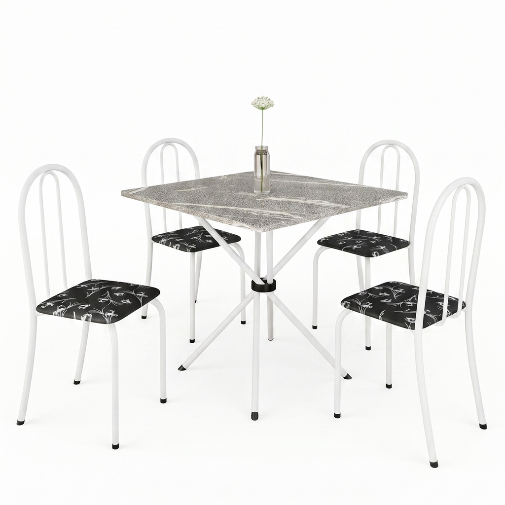 Conjunto de Mesa Analy com 4 Cadeiras | Tampo Granito Topázio 70x70cm | Tubo Branco
