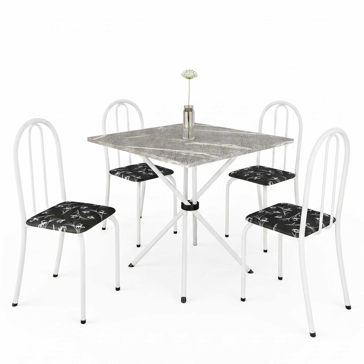 Conjunto de Mesa Analy com 4 Cadeiras | Tampo Granito Topázio 70x70cm | Tubo Branco