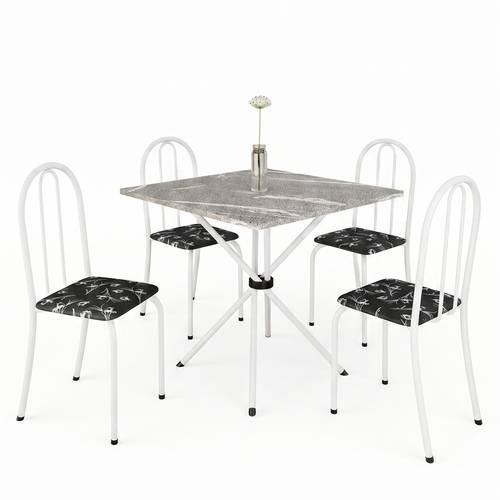 Conjunto de Mesa Analy com 4 Cadeiras | Tampo Granito Topázio 70x70cm | Tubo Branco