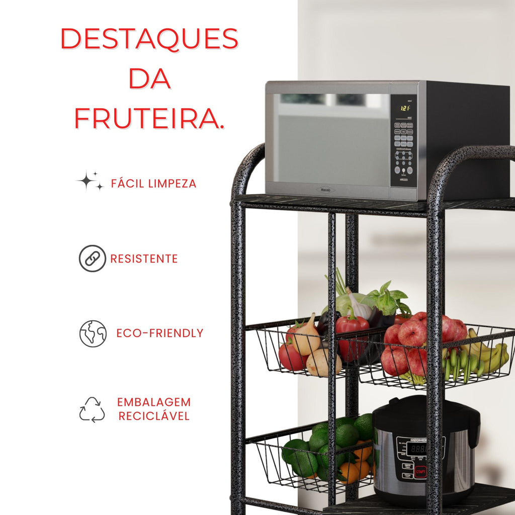 Fruteira Tamara com Cestos Metálicos e Prateleiras em Pedra - ARDOSIA - MART PRATA