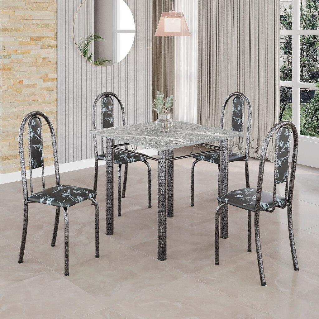 Conjunto de Mesa Tubular Mart Prata 4 Cadeiras 70x70cm – Tampo Granito Topázio | Isabel 030