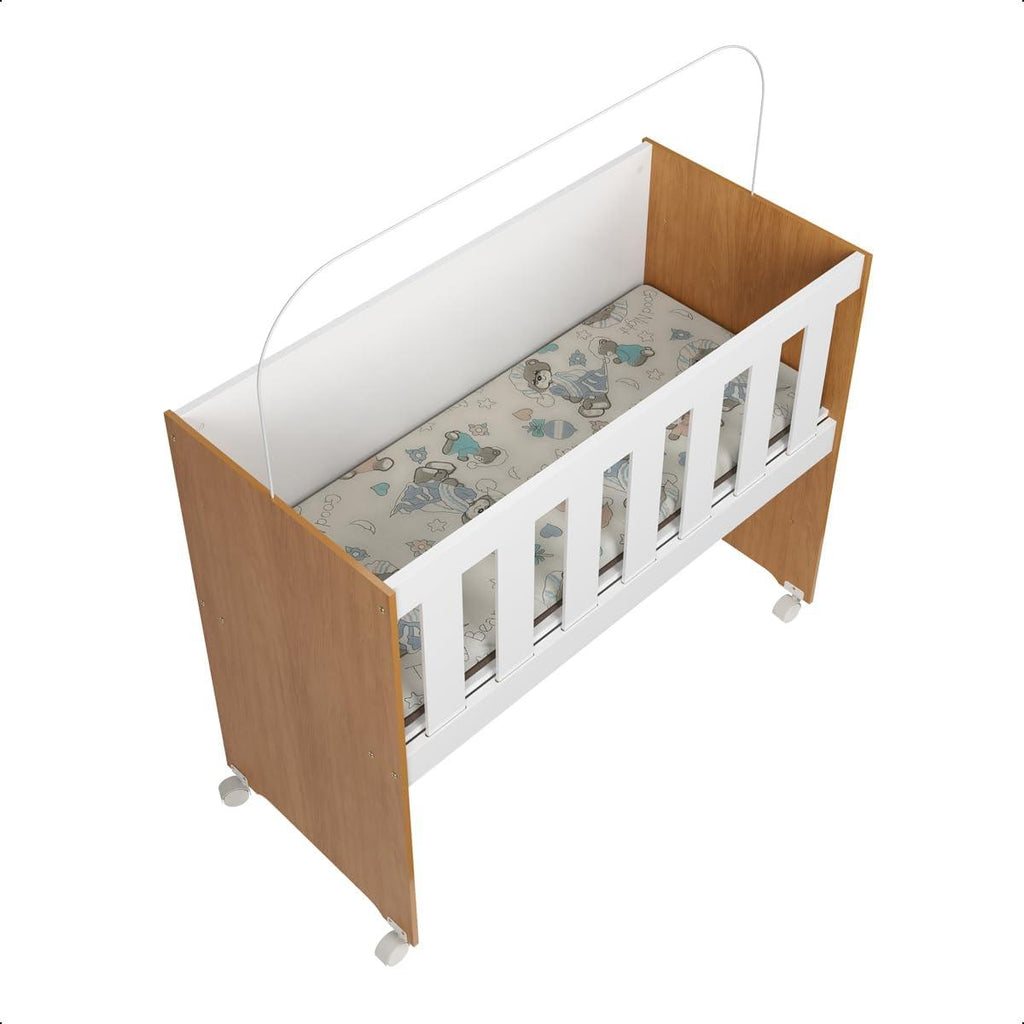 Mini Berço Maya | MDF | Rodízios Incluídos | Suporte para Mosquiteiro | Branco e Cinamomo
