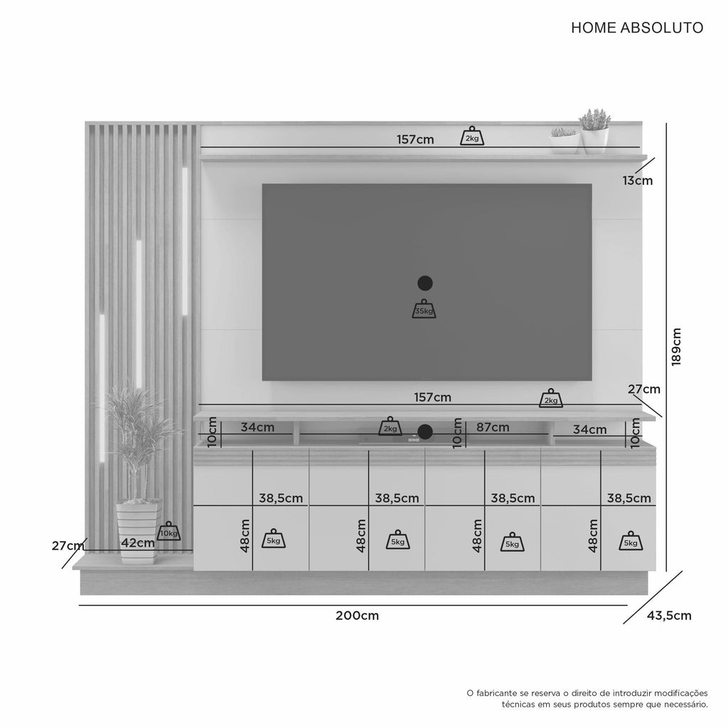 Home Grécia 189cm para TV até 65 Polegadas com LED e Ripado