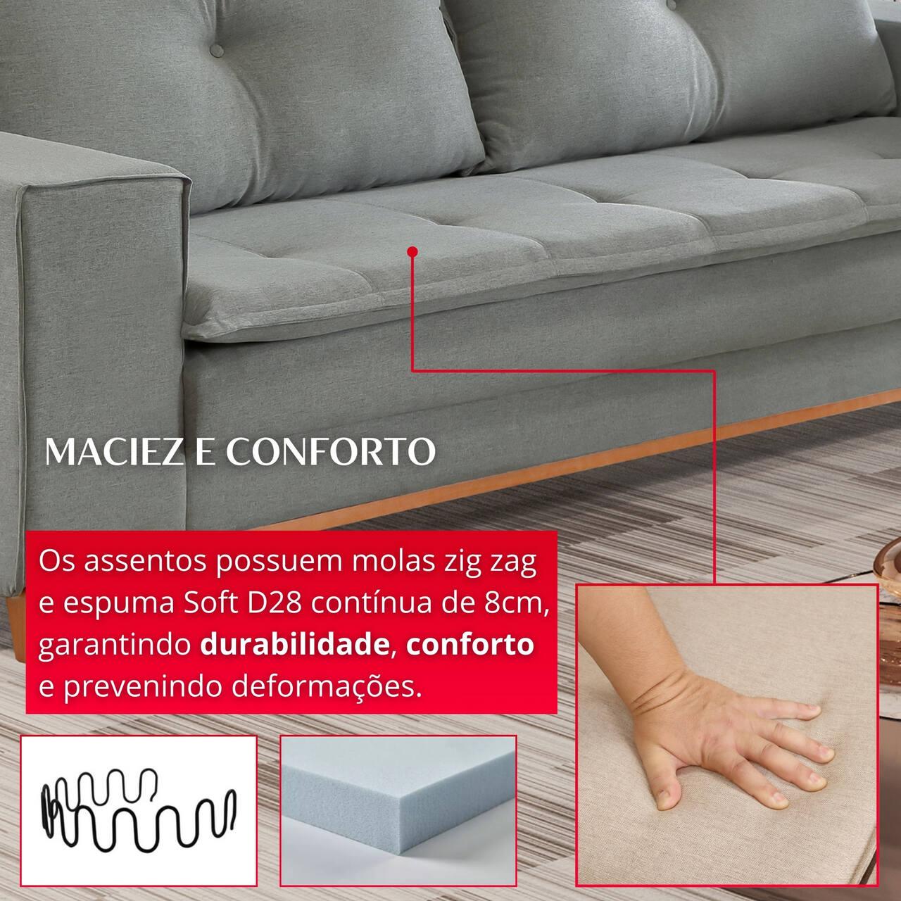 Sofá 3 Lugares Verona 2,20m | Revestimento Linho | Cinza