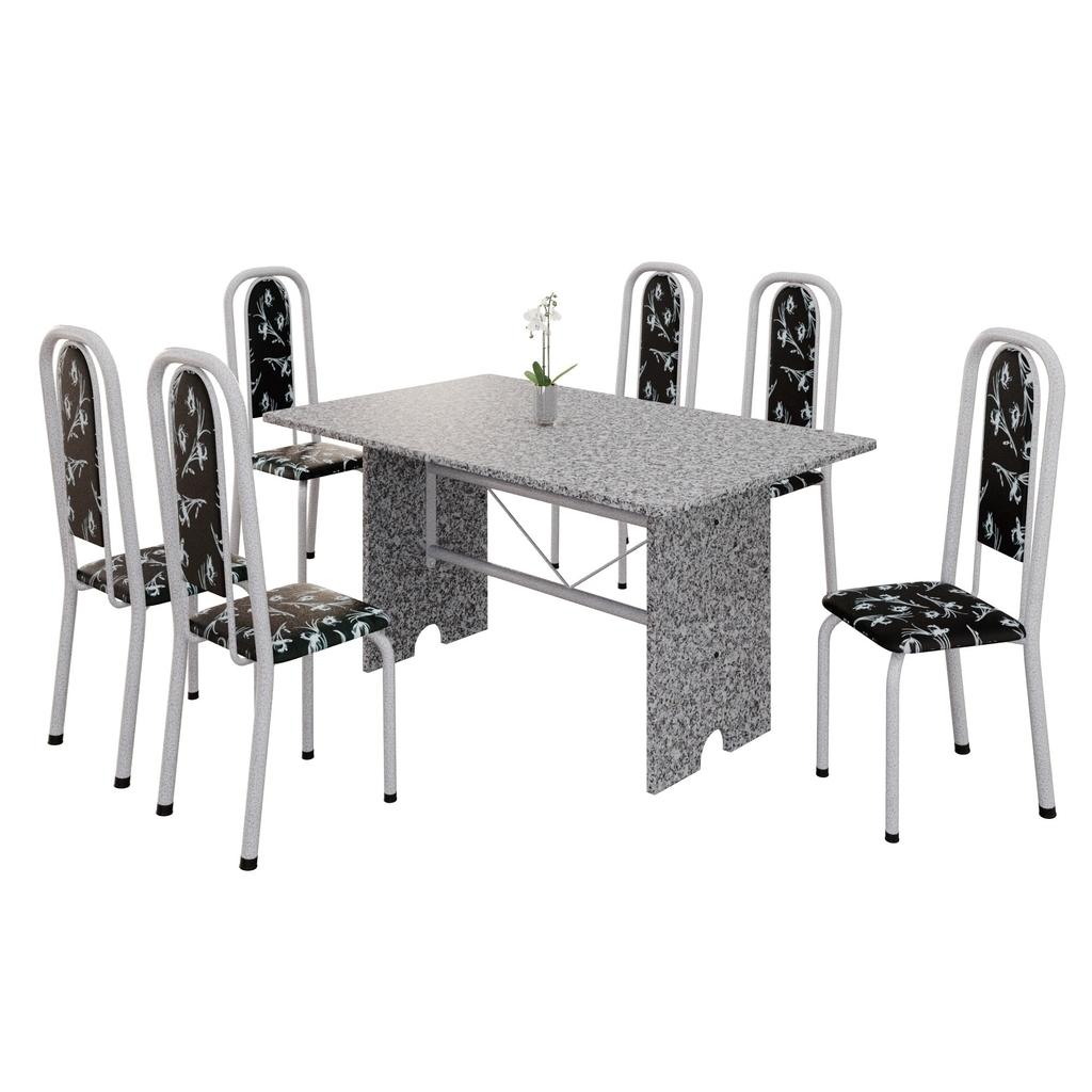 Conjunto de Mesa Letícia 070 com 6 Cadeiras | Tampo Granito Ocre 140x75cm | Mart Pérola
