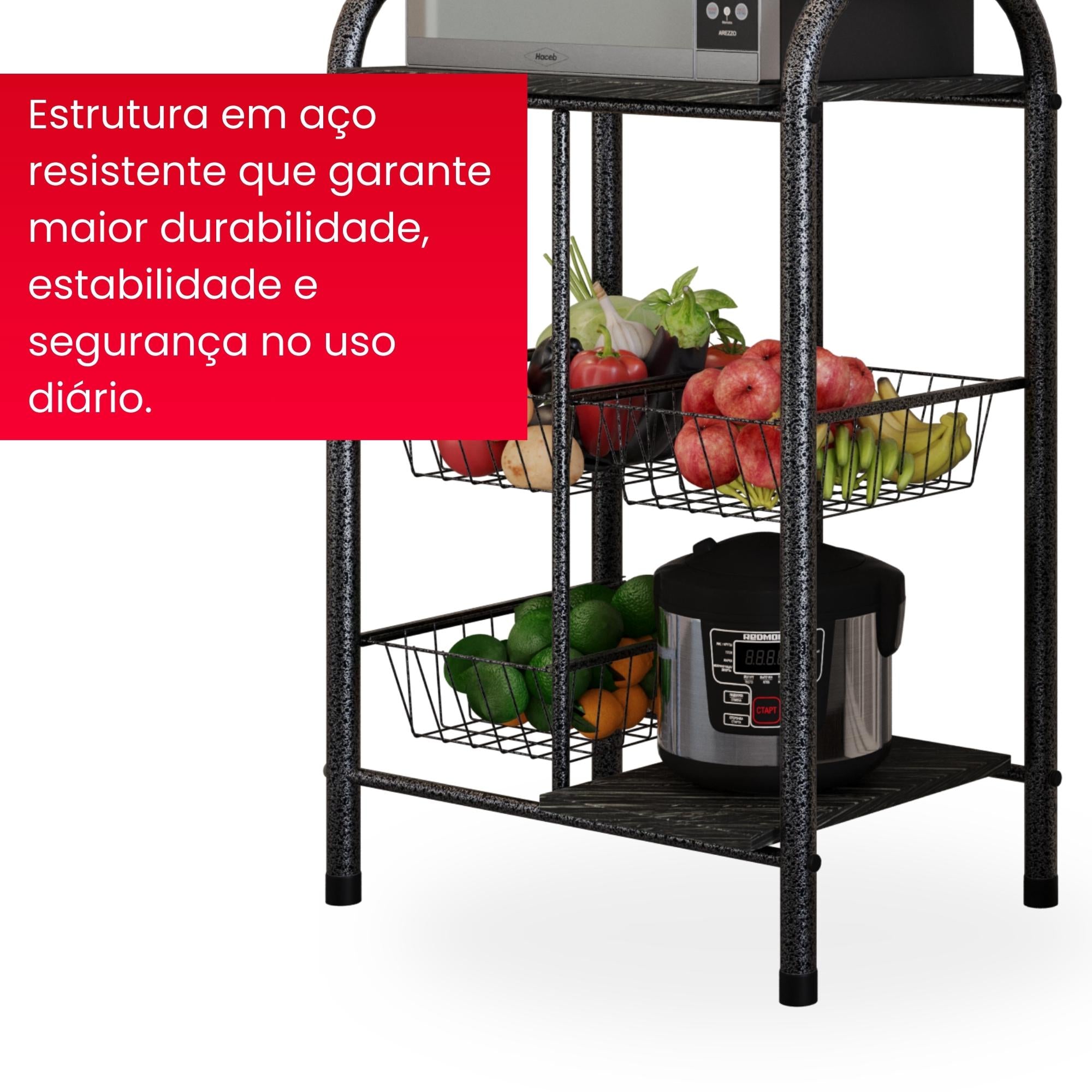 Fruteira Tamara com Cestos Metálicos e Prateleiras em Pedra - ARDOSIA - MART PRATA