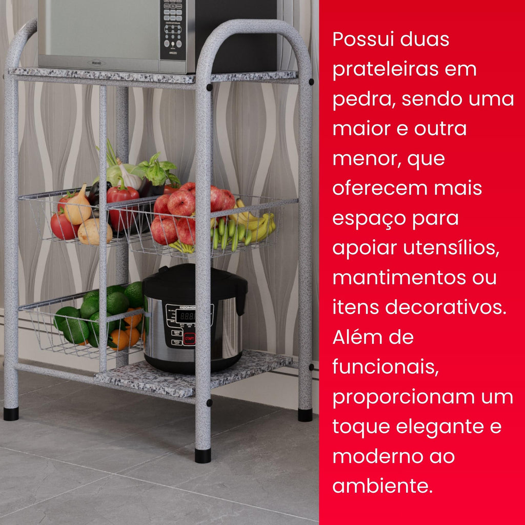 Fruteira Tamara com Cestos Metálicos e Prateleiras em Pedra - GRANITO OCRE- MART PÉROLA