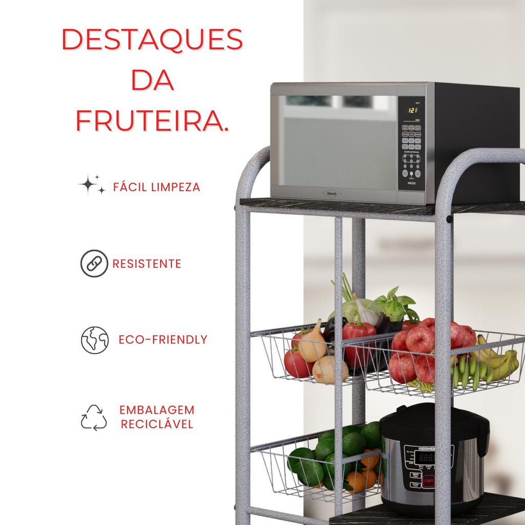 Fruteira Tamara com Cestos Metálicos e Prateleiras em Pedra - ARDOSIA - MART PÉROLA