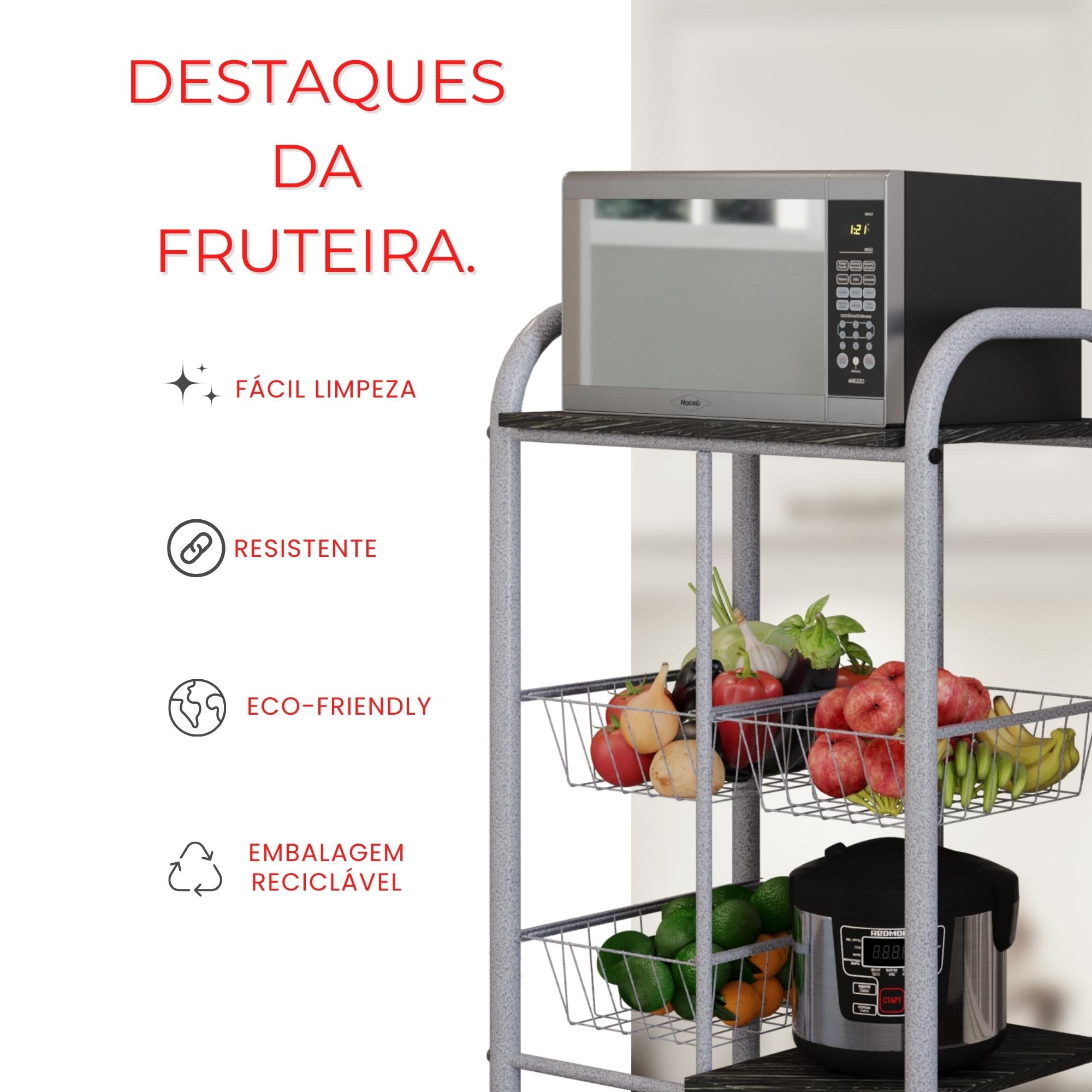 Fruteira Tamara com Cestos Metálicos e Prateleiras em Pedra - ARDOSIA - MART PÉROLA