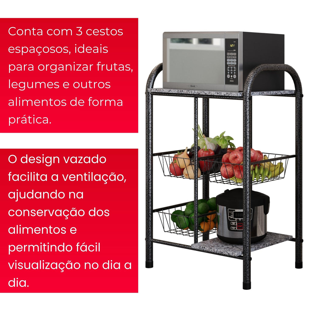 Fruteira  Tamara com Cestos Metálicos e Prateleiras em Pedra - GRANITO OCRE- MART PRATA