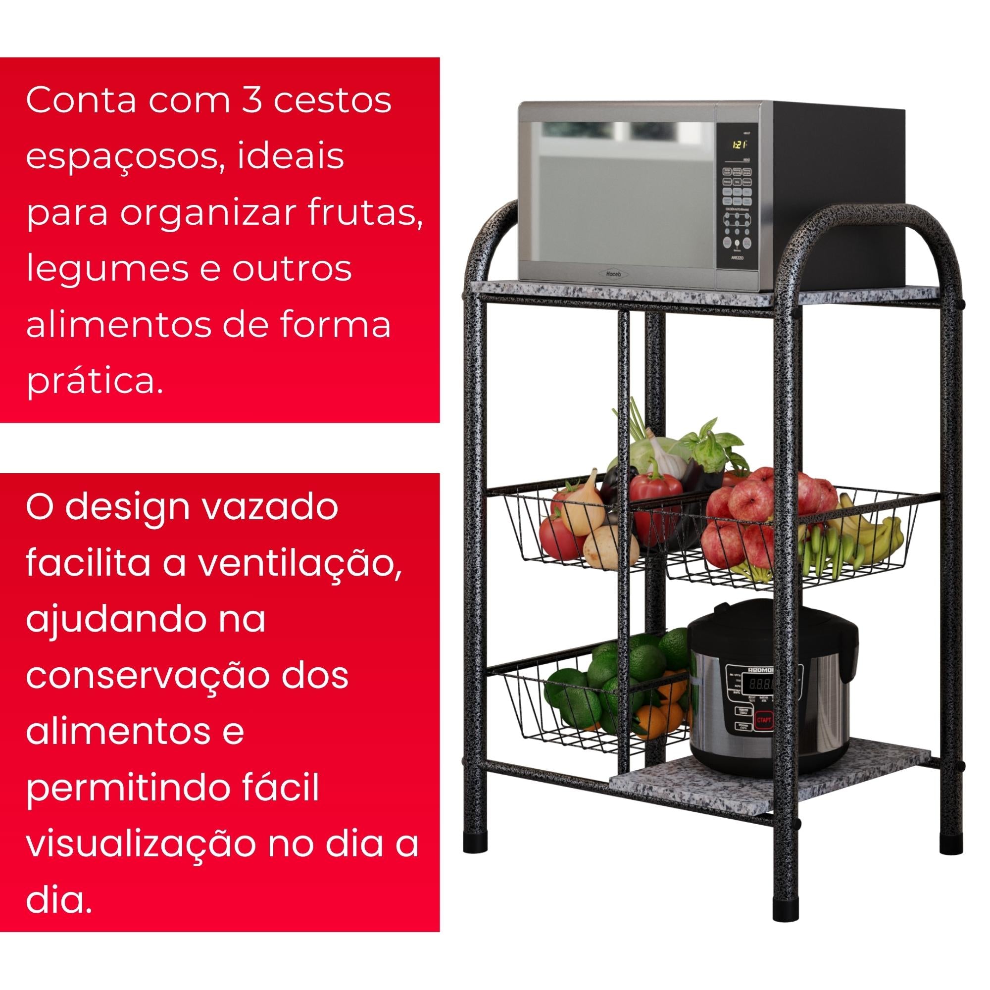 Fruteira  Tamara com Cestos Metálicos e Prateleiras em Pedra - GRANITO OCRE- MART PRATA