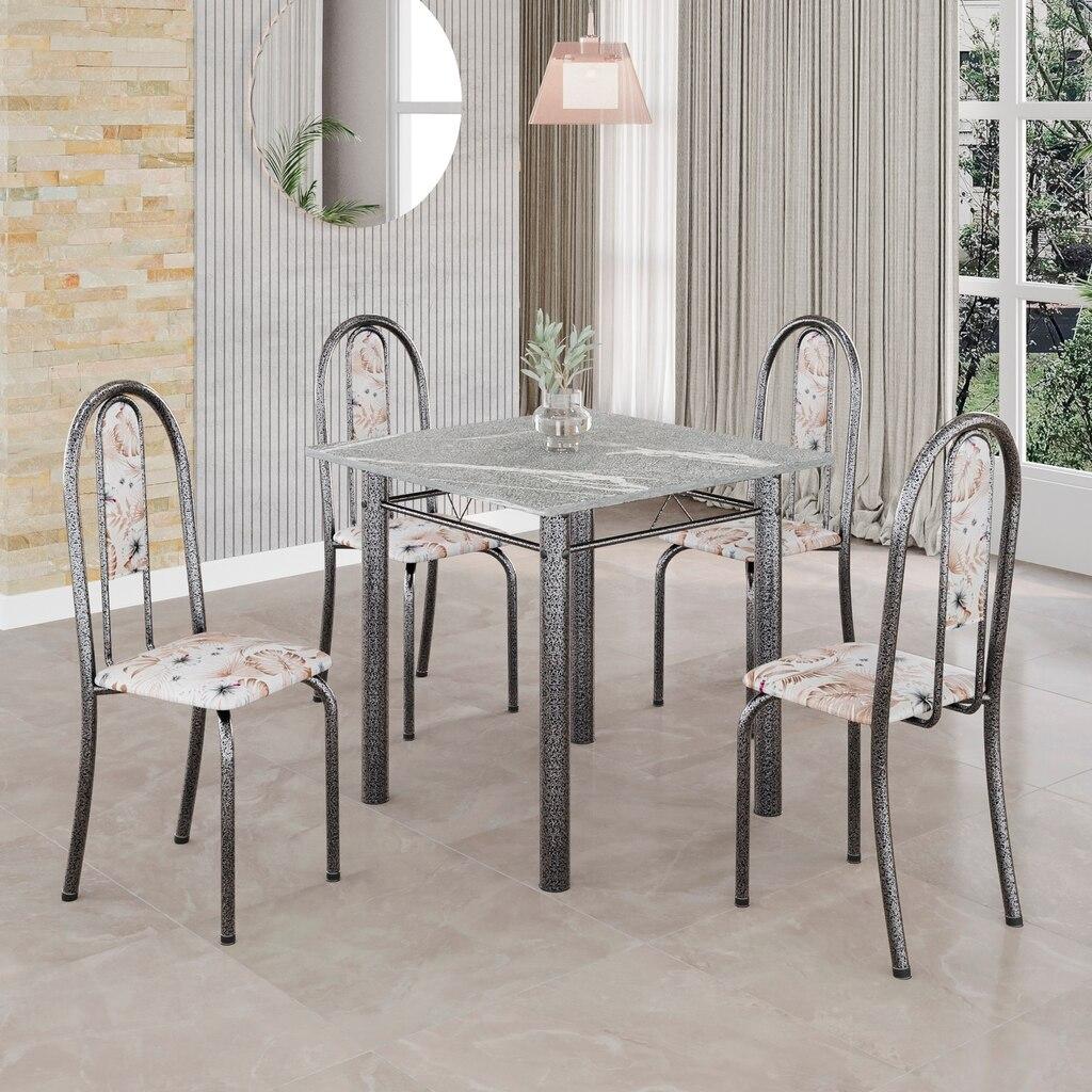 Conjunto de Mesa Tubular Mart Prata 4 Cadeiras 70x70cm – Tampo Granito Topázio | Isabel 030