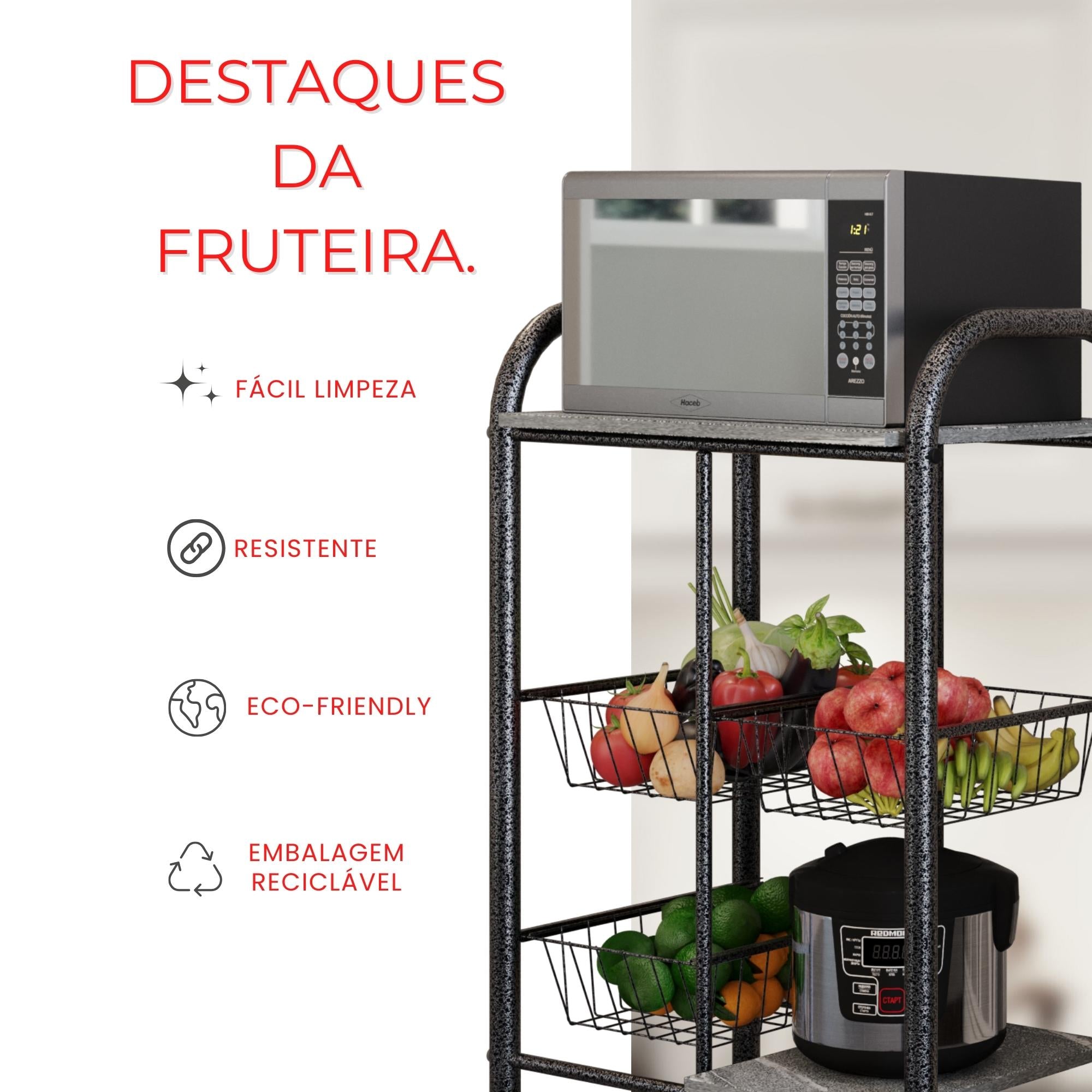 Fruteira  Tamara com Cestos Metálicos e Prateleiras em Pedra - GRANITO TOPAZIO - MART PRATA