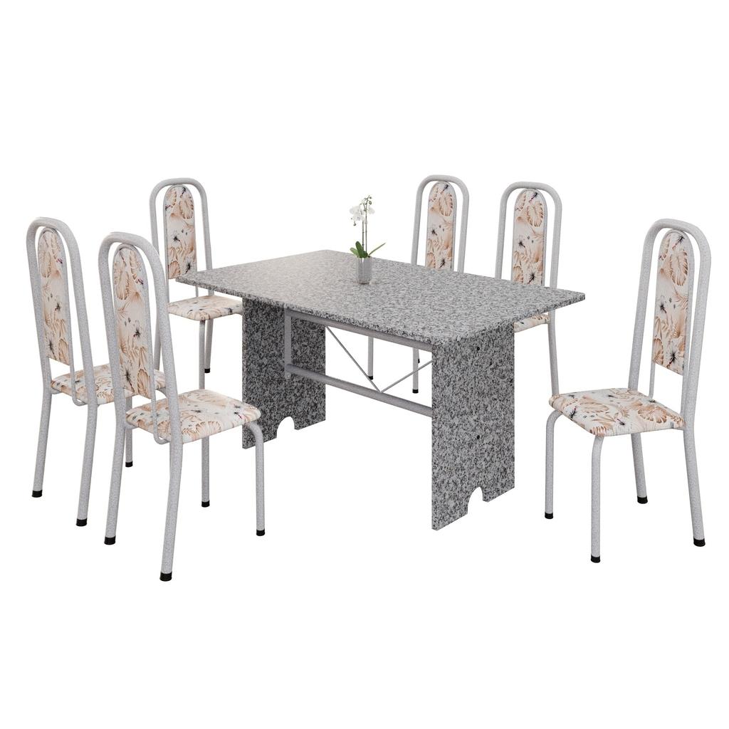 Conjunto de Mesa Letícia 070 com 6 Cadeiras | Tampo Granito Ocre 140x75cm | Mart Pérola