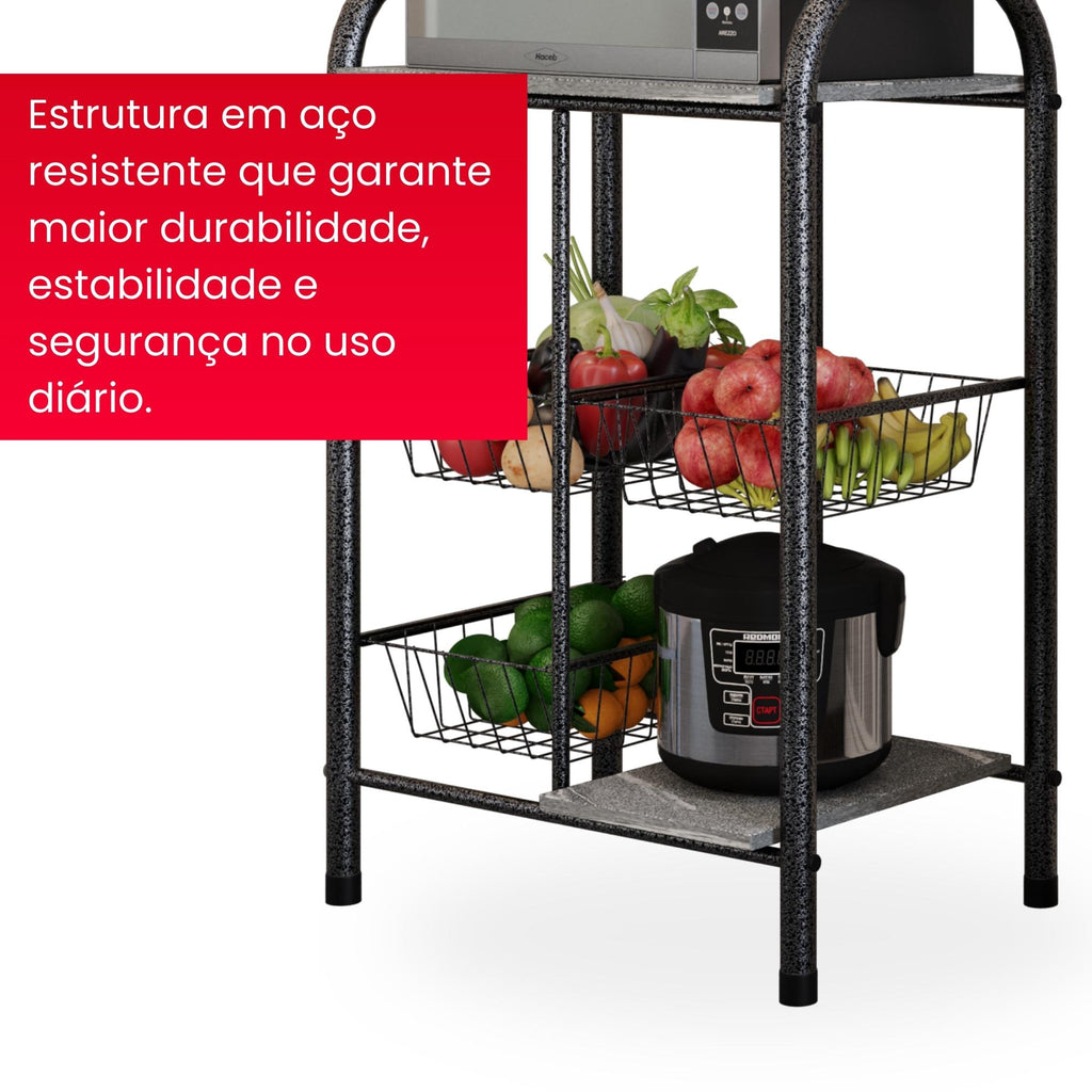 Fruteira  Tamara com Cestos Metálicos e Prateleiras em Pedra - GRANITO TOPAZIO - MART PRATA