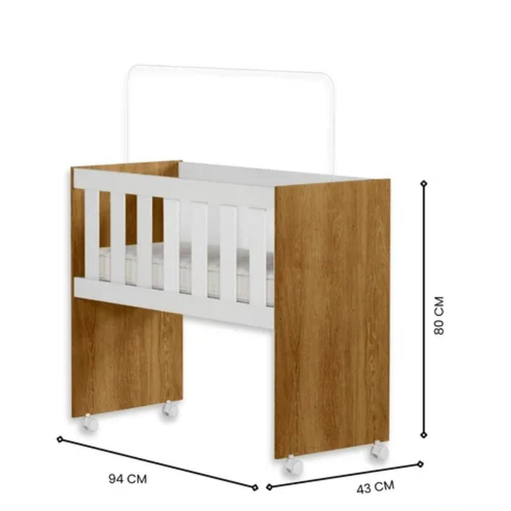 Mini Berço Maya | MDF | Rodízios Incluídos | Suporte para Mosquiteiro | Branco e Cinamomo