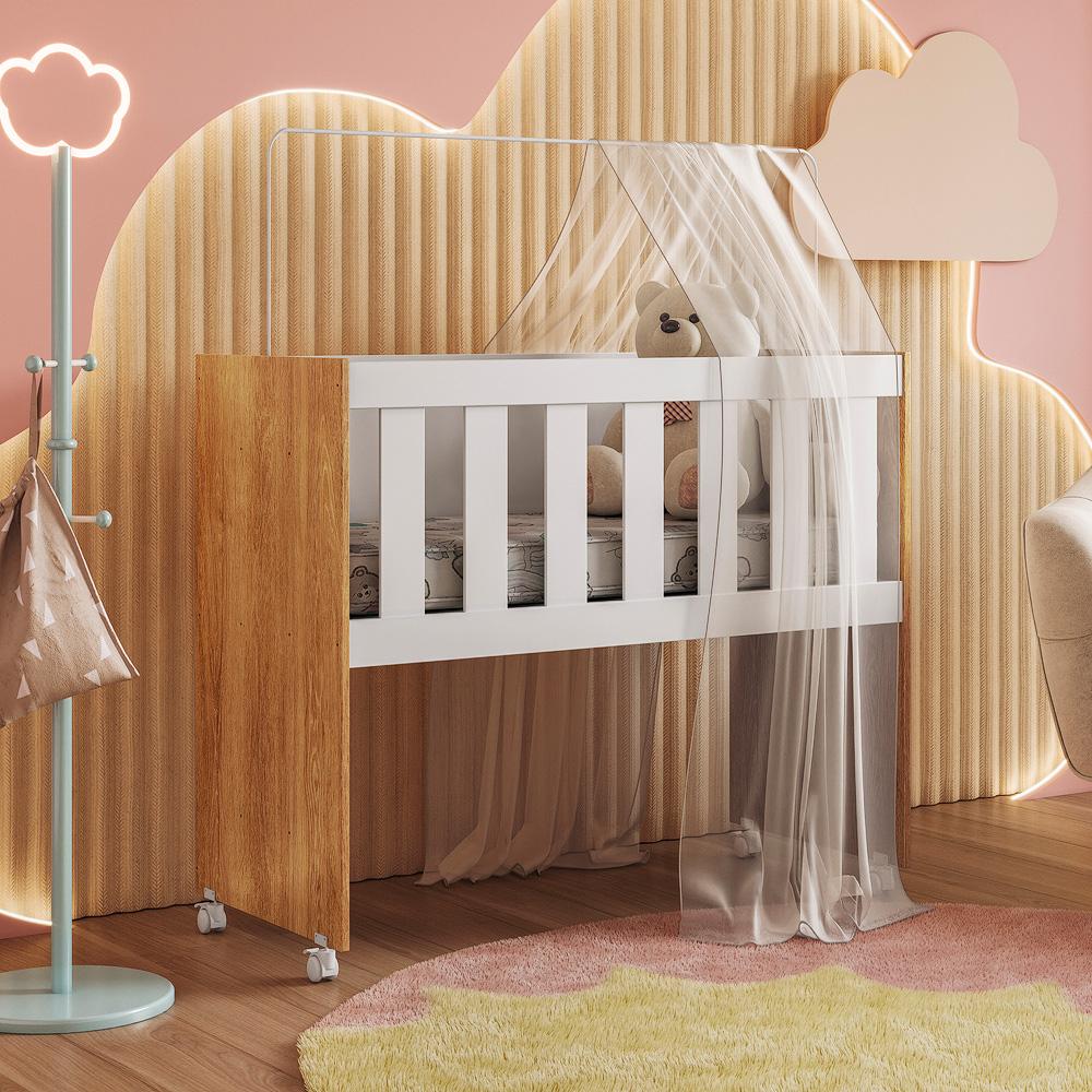 Mini Berço Maya | MDF | Rodízios Incluídos | Suporte para Mosquiteiro | Branco e Cinamomo