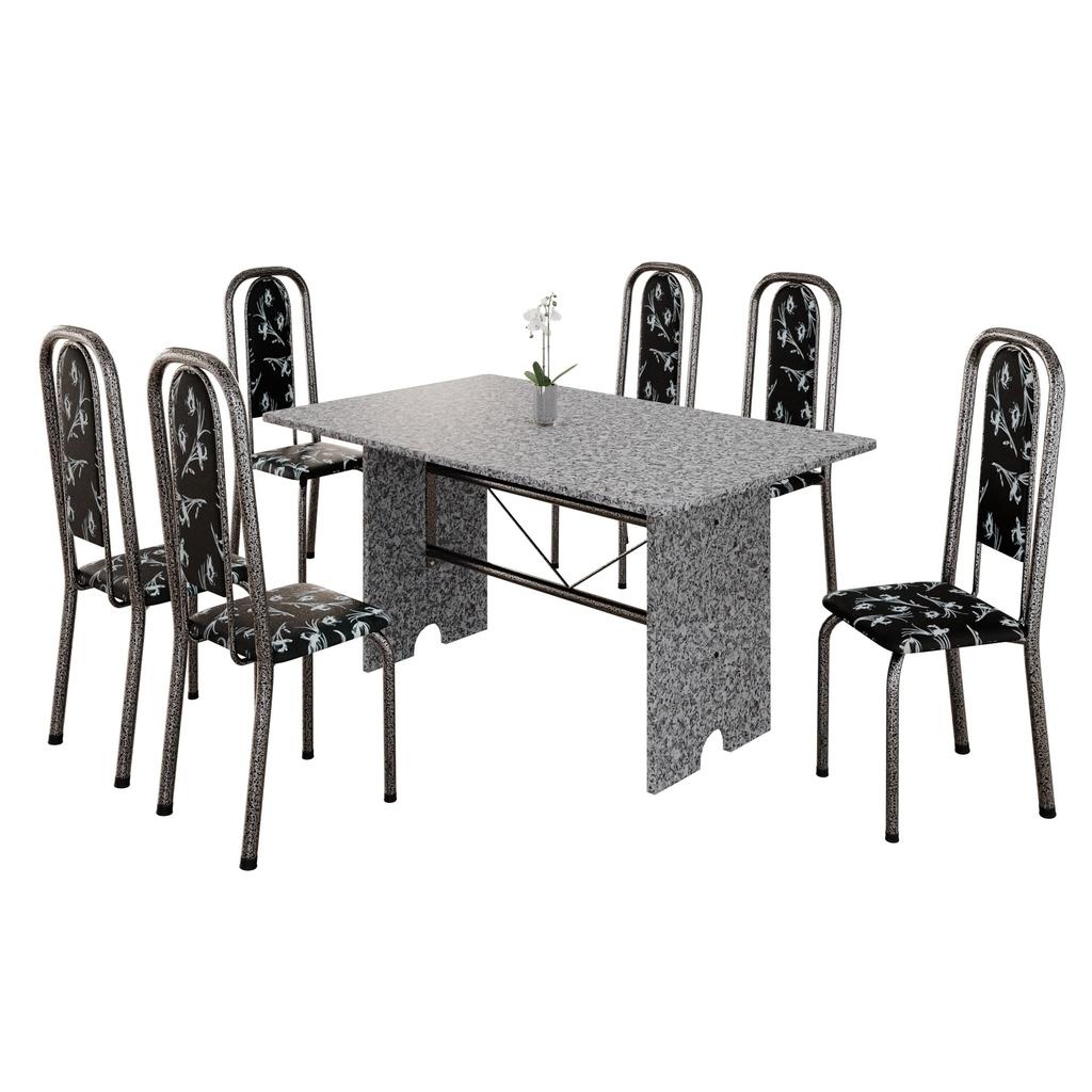 Conjunto de Mesa Letícia 070 com 6 Cadeiras | Tampo Granito Ocre 140x75cm | Mart Prata