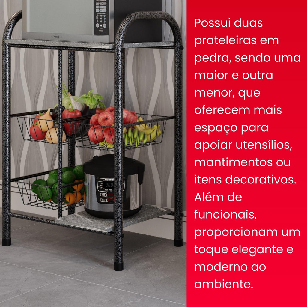 Fruteira  Tamara com Cestos Metálicos e Prateleiras em Pedra - GRANITO TOPAZIO - MART PRATA