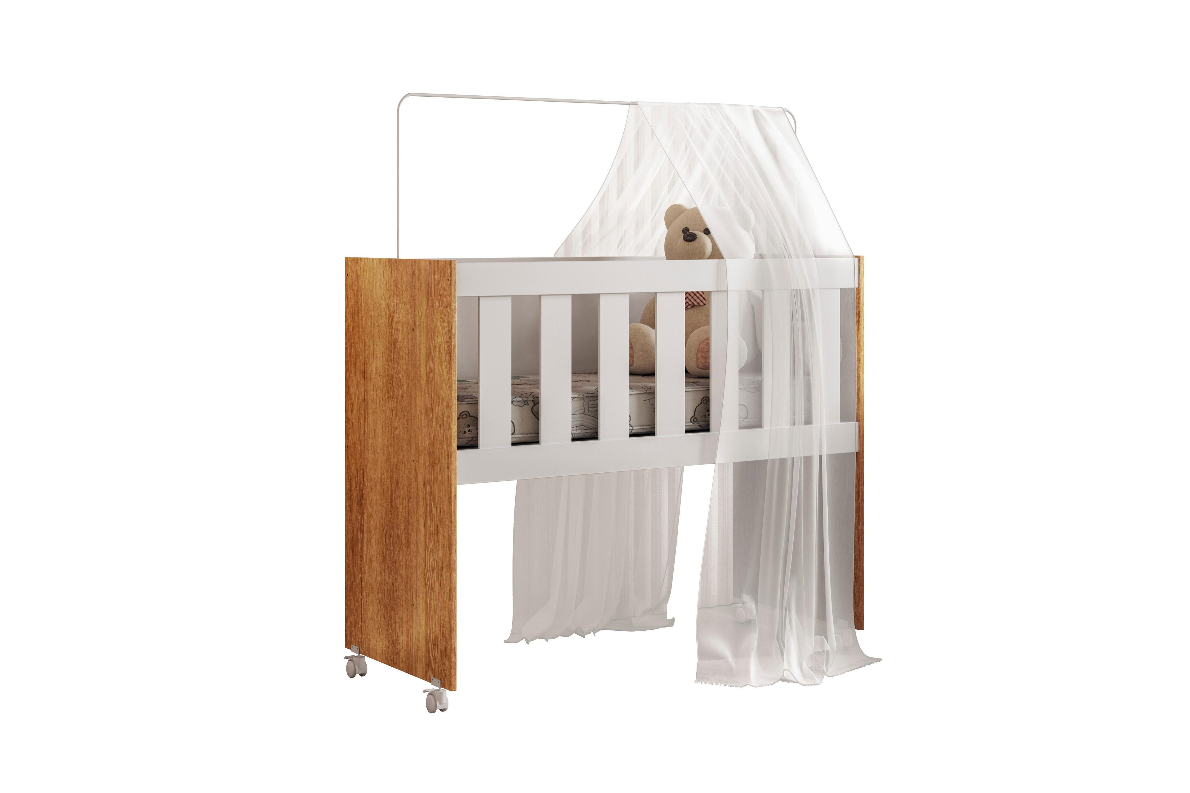 Mini Berço Maya | MDF | Rodízios Incluídos | Suporte para Mosquiteiro | Branco e Cinamomo