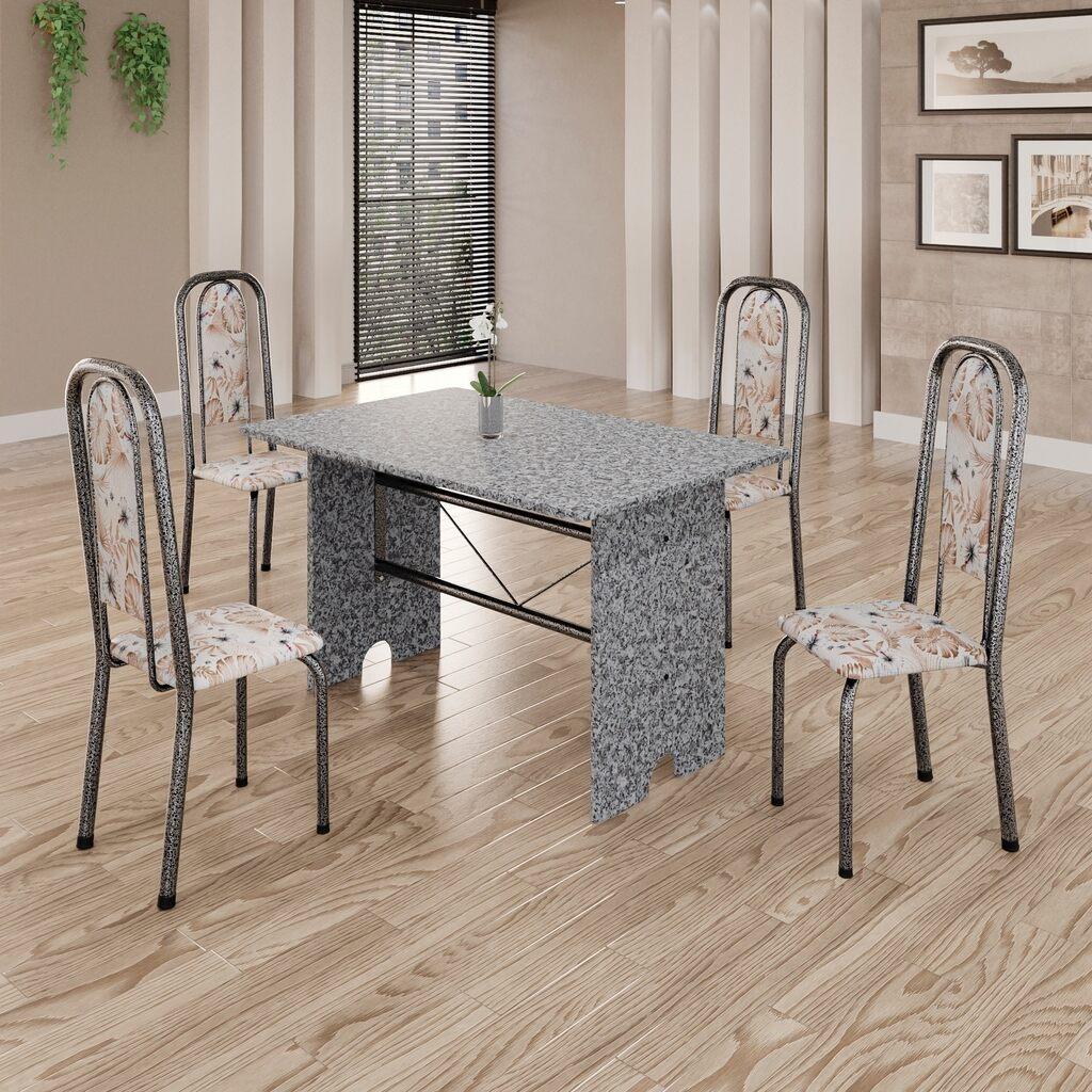 Conjunto de Mesa Tubular Mart Prata 4 Cadeiras 120x75cm – Tampo Granito Ocre | Letícia 070