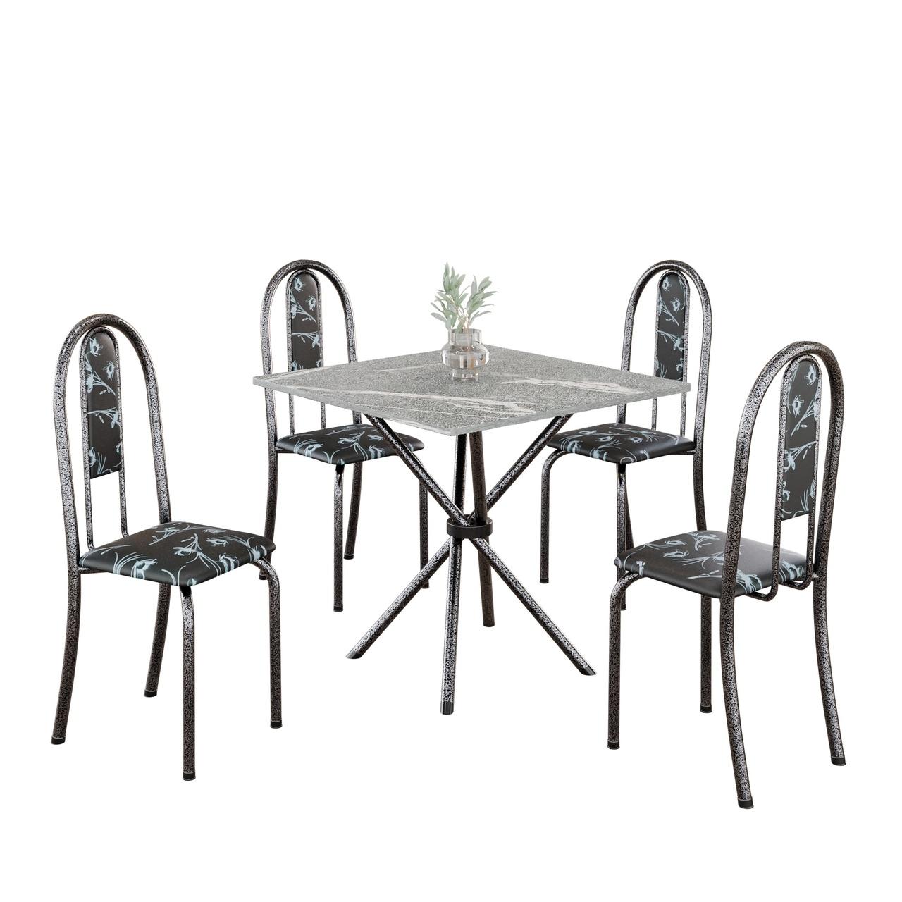Conjunto de Mesa Isabel 048 com 4 Cadeiras – Tampo Granito Topázio 70x70cm | Mart Prata