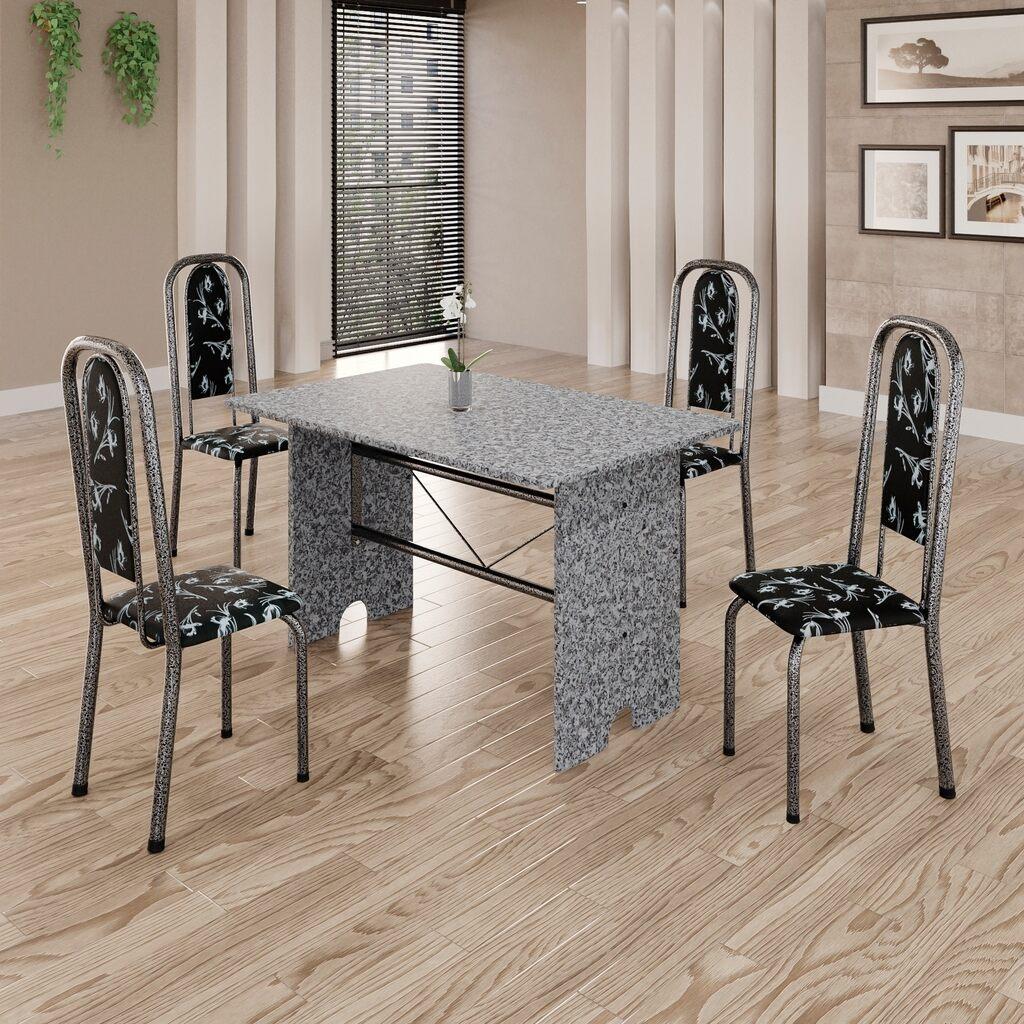 Conjunto de Mesa Tubular Mart Prata 4 Cadeiras 120x75cm – Tampo Granito Ocre | Letícia 070