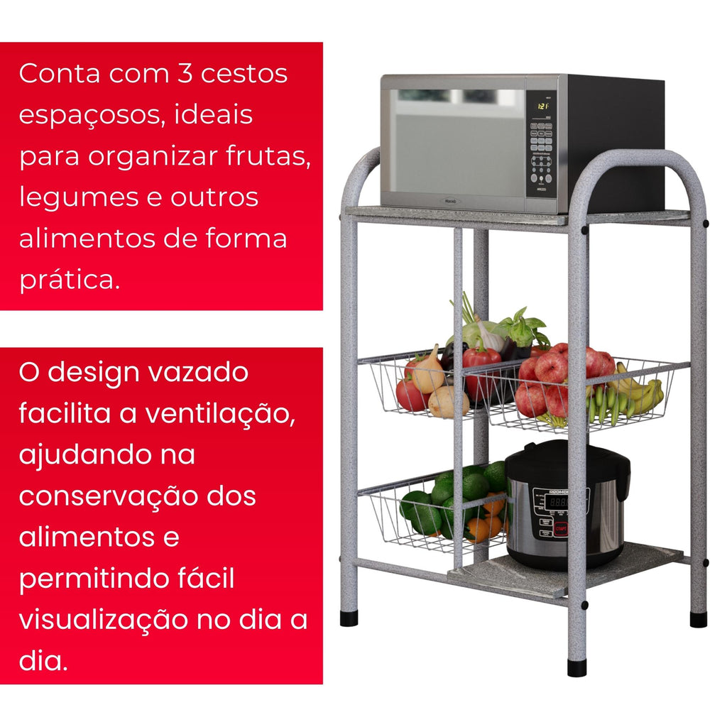 Fruteira  Tamara com Cestos Metálicos e Prateleiras em Pedra - GRANITO TOPAZIO - MART PEROLA