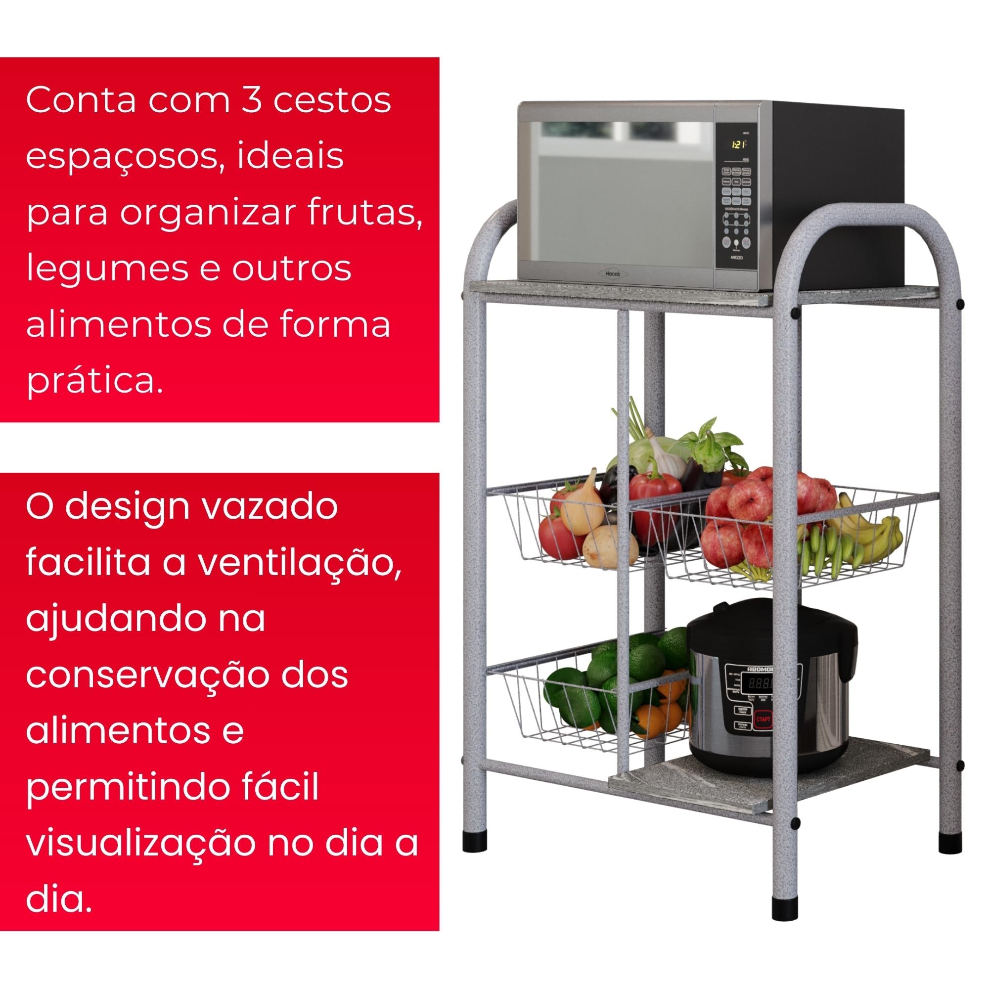 Fruteira  Tamara com Cestos Metálicos e Prateleiras em Pedra - GRANITO TOPAZIO - MART PEROLA