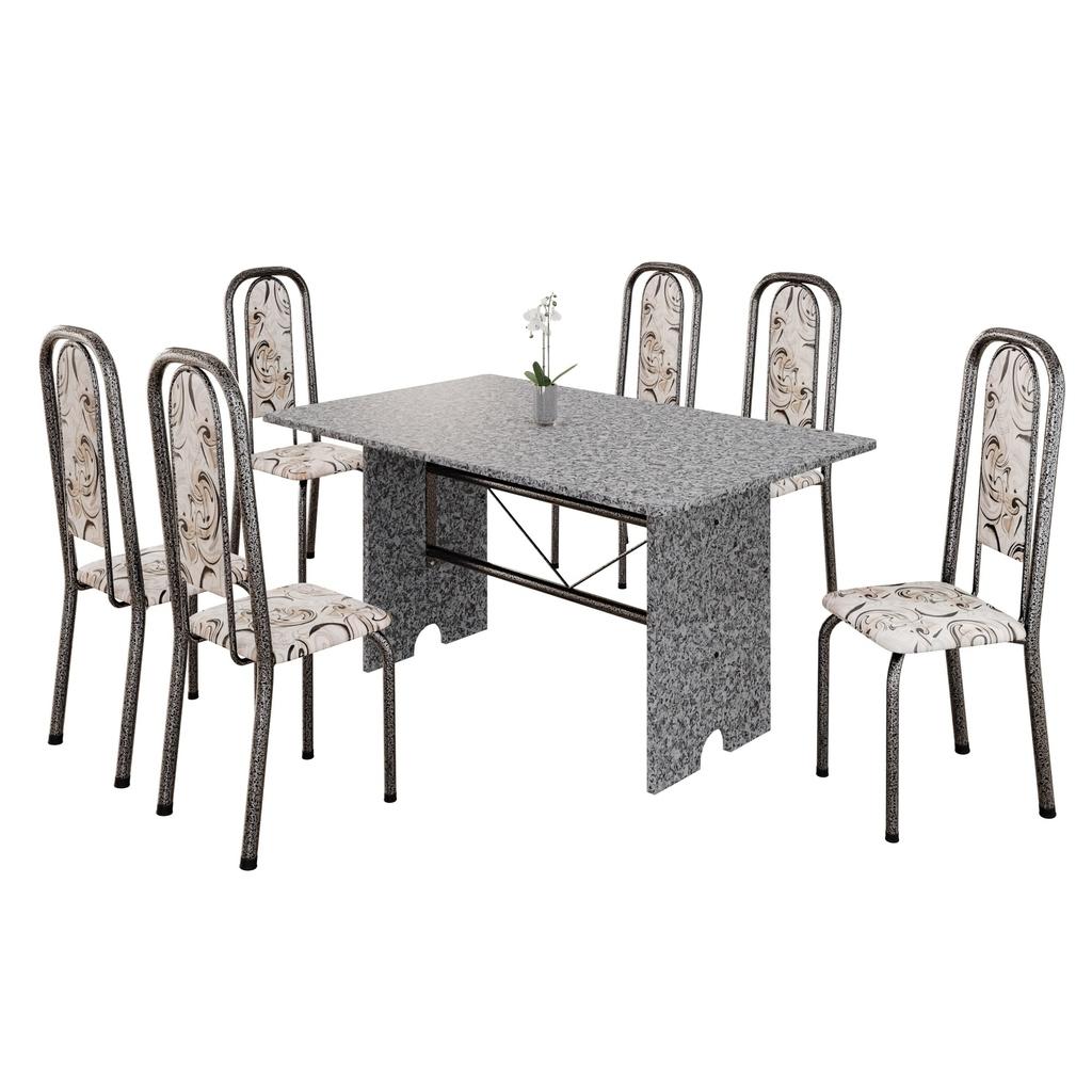 Conjunto de Mesa Letícia 070 com 6 Cadeiras | Tampo Granito Ocre 140x75cm | Mart Prata