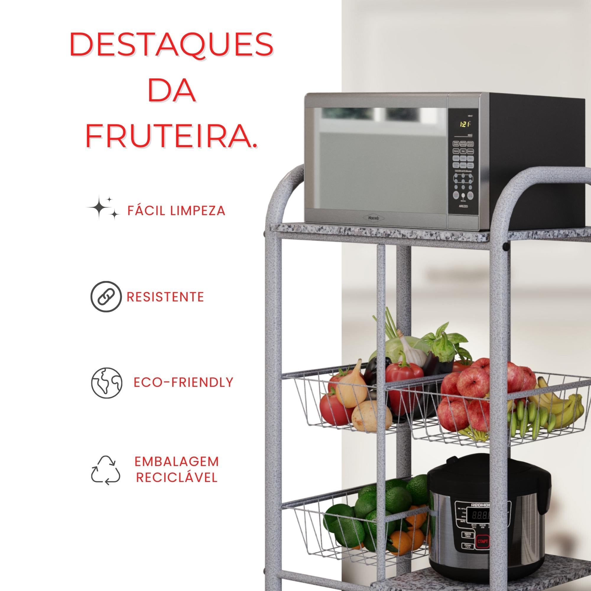 Fruteira Tamara com Cestos Metálicos e Prateleiras em Pedra - GRANITO OCRE- MART PÉROLA