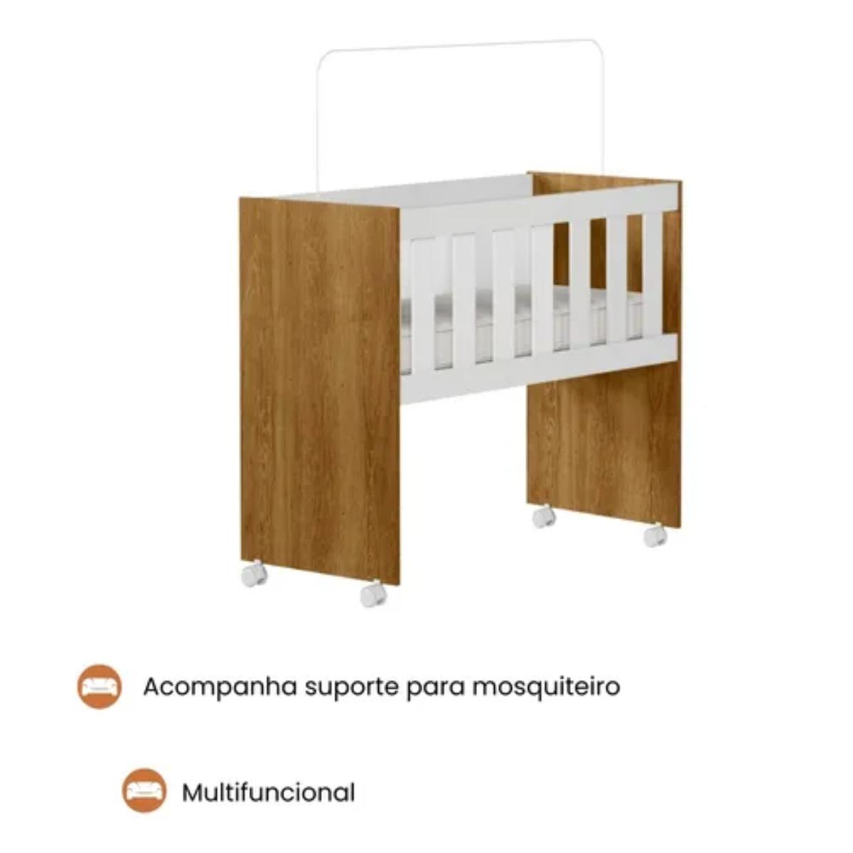 Mini Berço Maya | MDF | Rodízios Incluídos | Suporte para Mosquiteiro | Branco e Cinamomo
