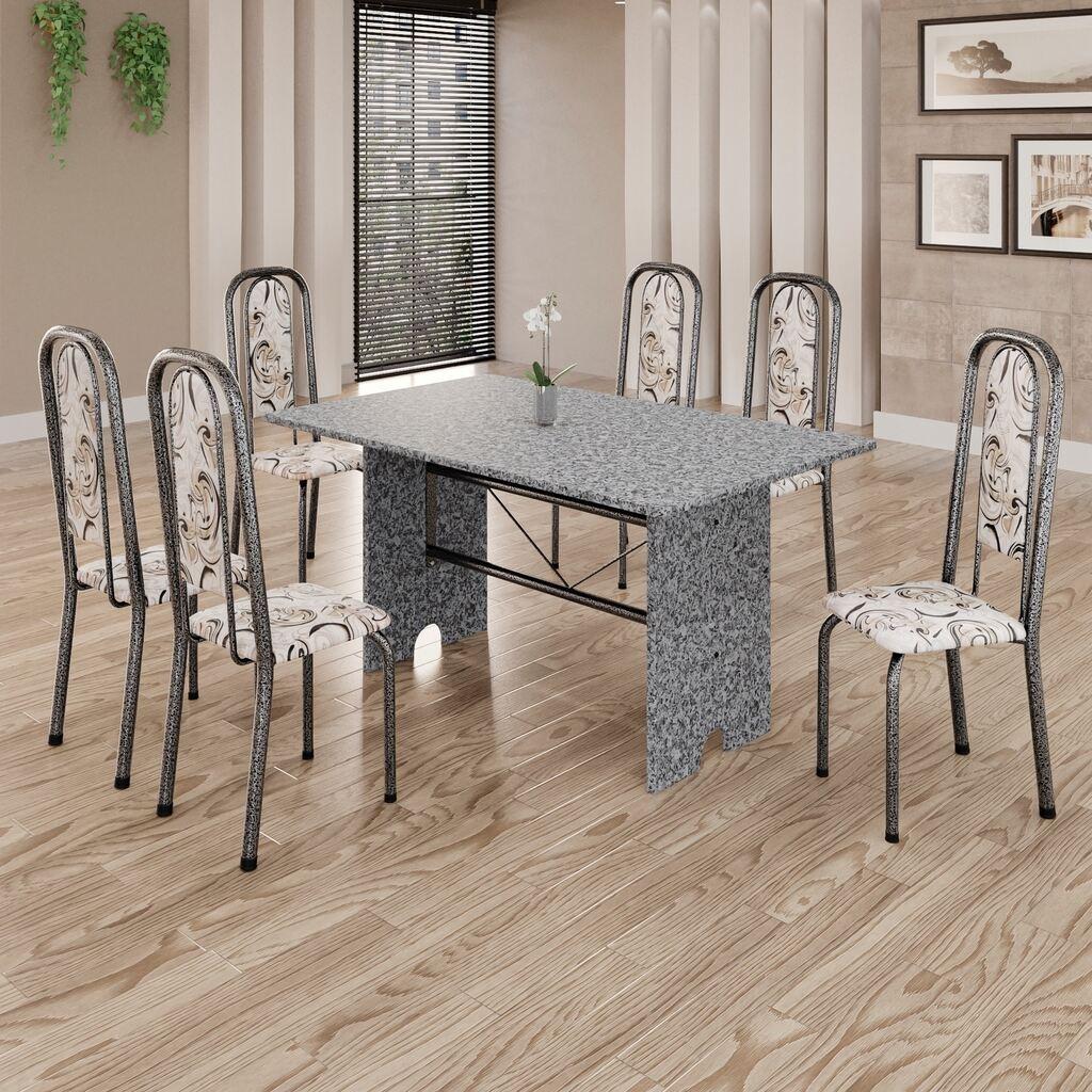 Conjunto de Mesa Letícia 070 com 6 Cadeiras | Tampo Granito Ocre 140x75cm | Mart Prata