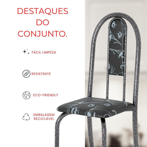 Conjunto de Mesa Isabel 048 com 4 Cadeiras – Tampo Granito Topázio 70x70cm | Mart Prata