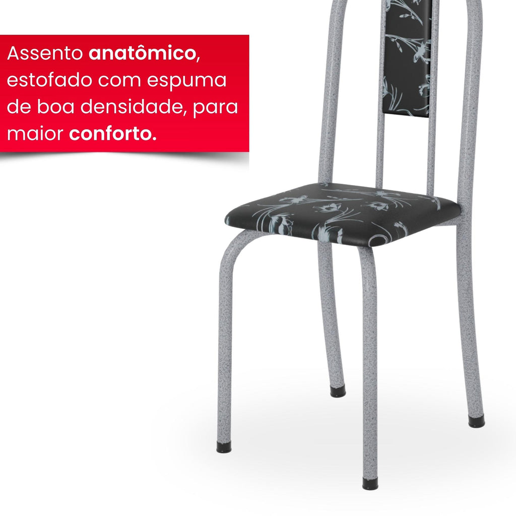 Kit 6 Cadeiras Isabel Pérola Preto Floral | Aço | Estofadas