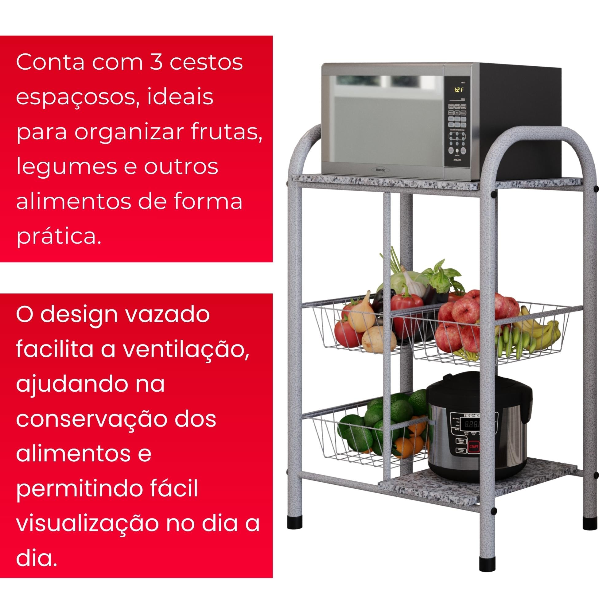 Fruteira Tamara com Cestos Metálicos e Prateleiras em Pedra - GRANITO OCRE- MART PÉROLA