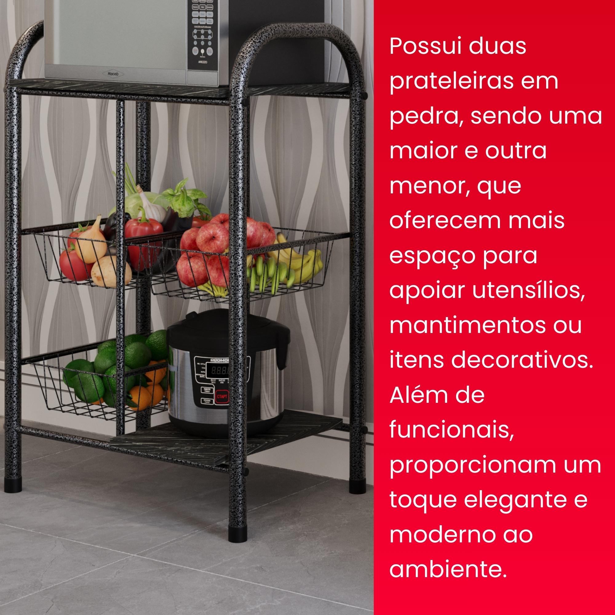 Fruteira Tamara com Cestos Metálicos e Prateleiras em Pedra - ARDOSIA - MART PRATA