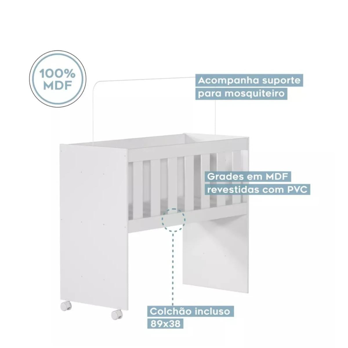 Mini Berço Maya | MDF | Rodízios Incluídos | Suporte para Mosquiteiro | Branco