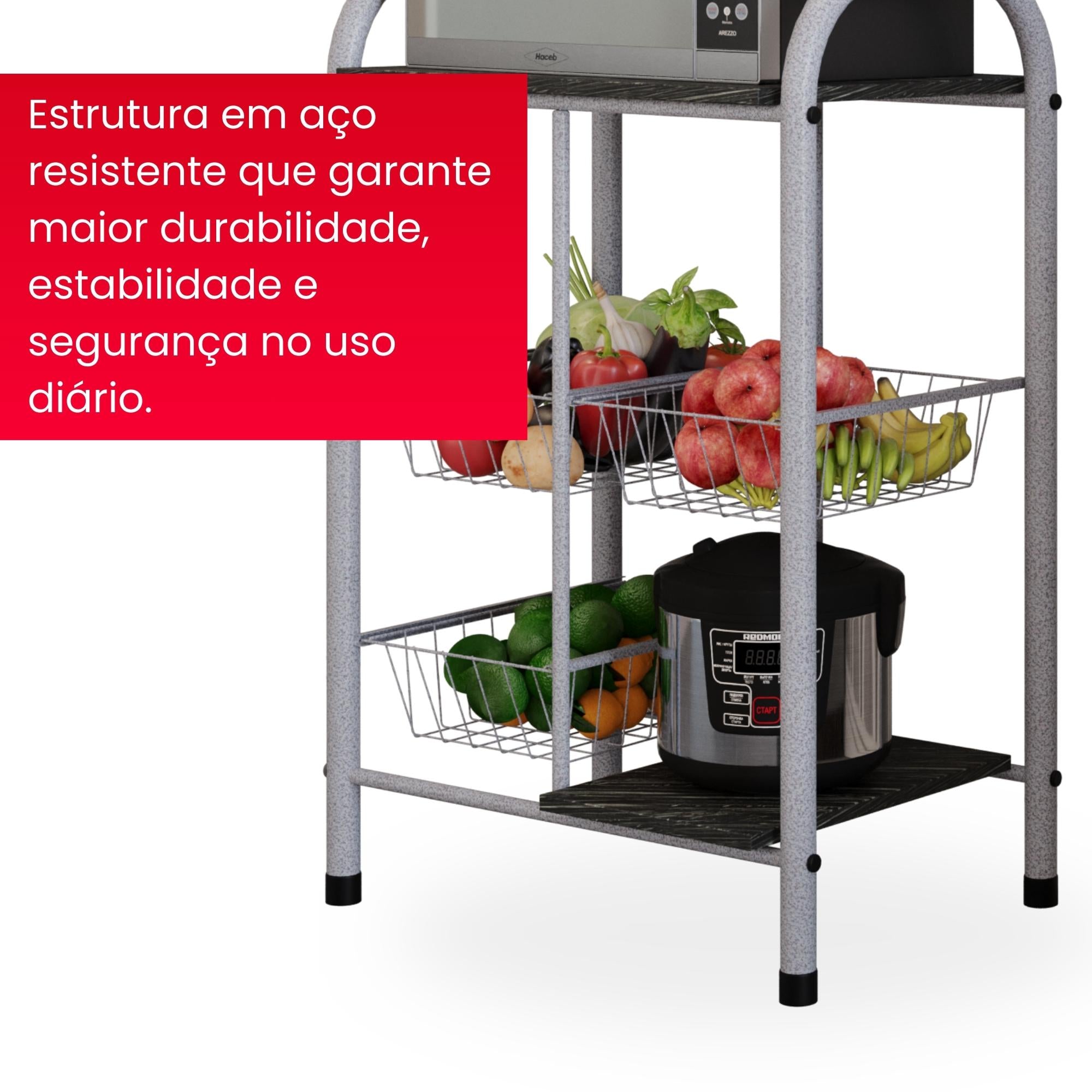 Fruteira Tamara com Cestos Metálicos e Prateleiras em Pedra - ARDOSIA - MART PÉROLA