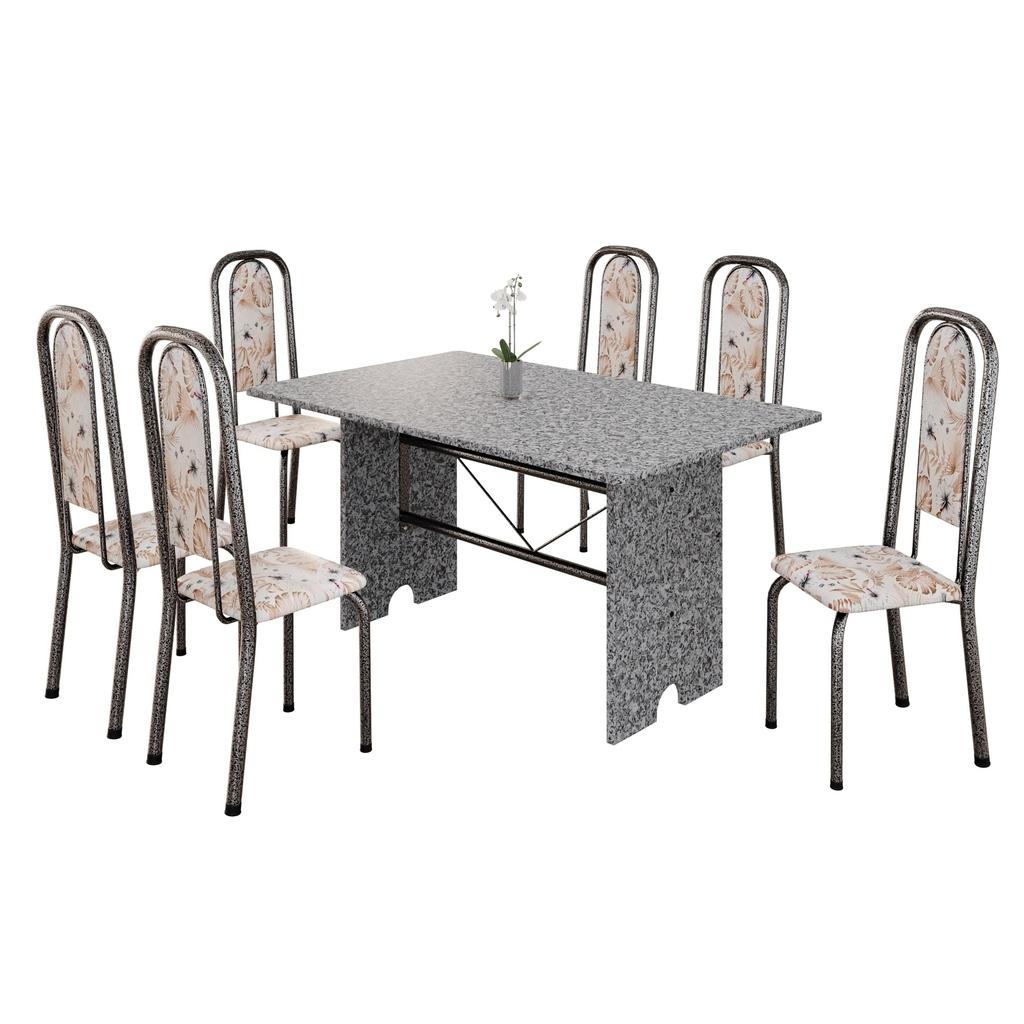 Conjunto de Mesa Letícia 070 com 6 Cadeiras | Tampo Granito Ocre 140x75cm | Mart Prata
