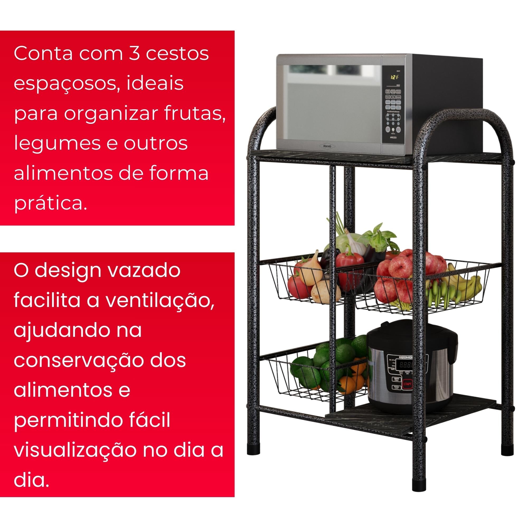Fruteira Tamara com Cestos Metálicos e Prateleiras em Pedra - ARDOSIA - MART PRATA